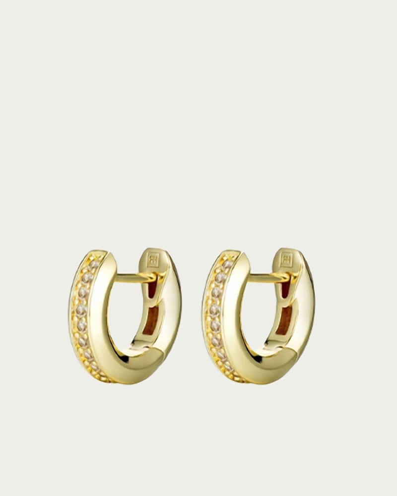 Front of a size O/S Ion Huggie Hoop Earrings in Gold/Clear in Gold/Clear by F+H Studios. | dia_product_style_image_id:329771